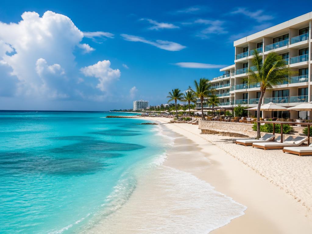 White sand beach and turquoise water beside a coastal resort