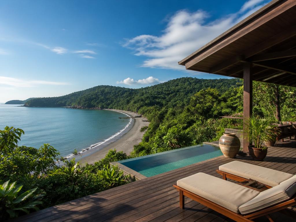 Resort terrace and pool above a rainforest-lined bay