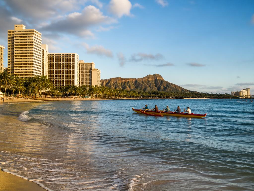 Waikiki Beach with Diamond Head crater and an outrigger canoe on the water