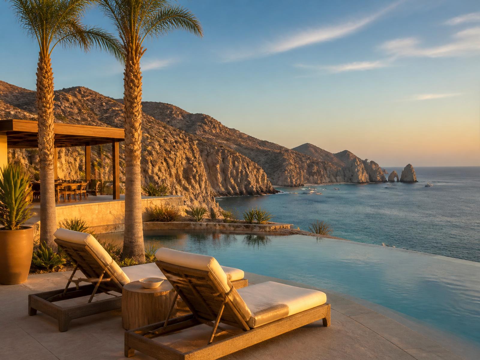 Resort infinity pool overlooking the Sea of Cortez at golden hour in Cabo San Lucas