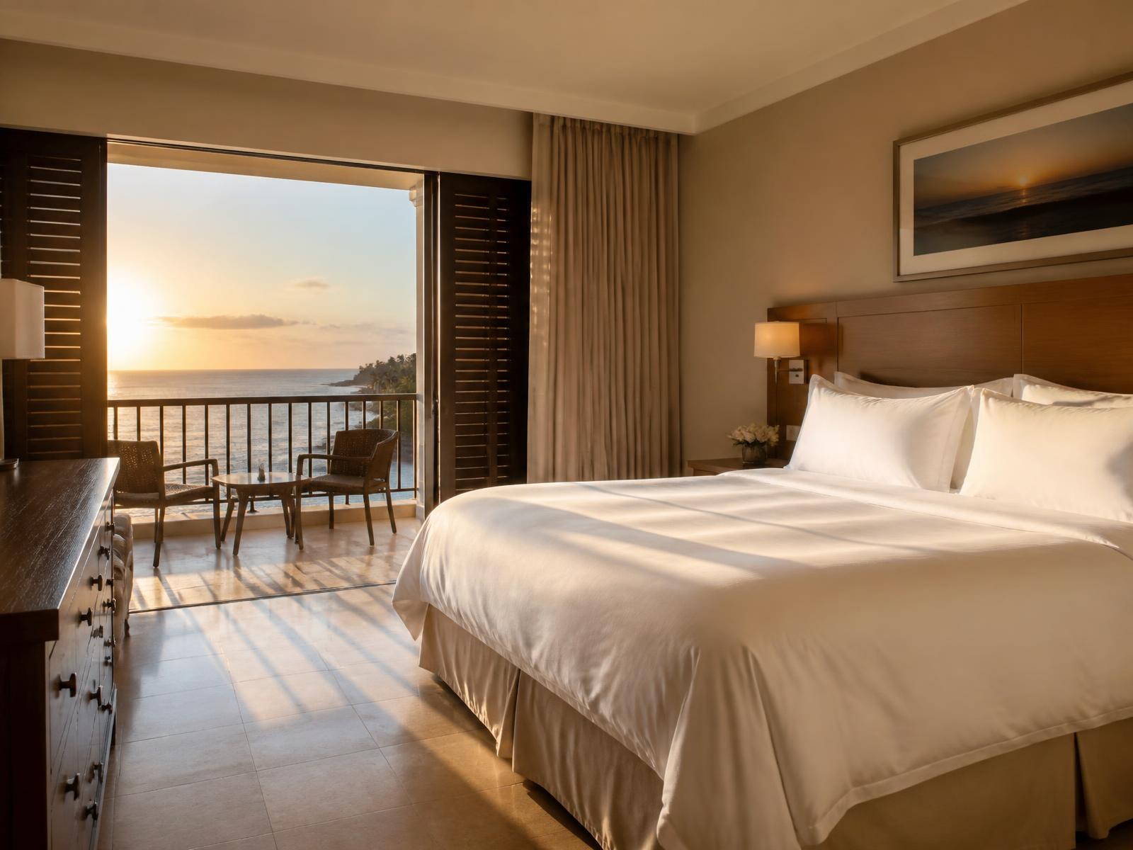 Empty oceanfront resort room at sunrise with the balcony door open