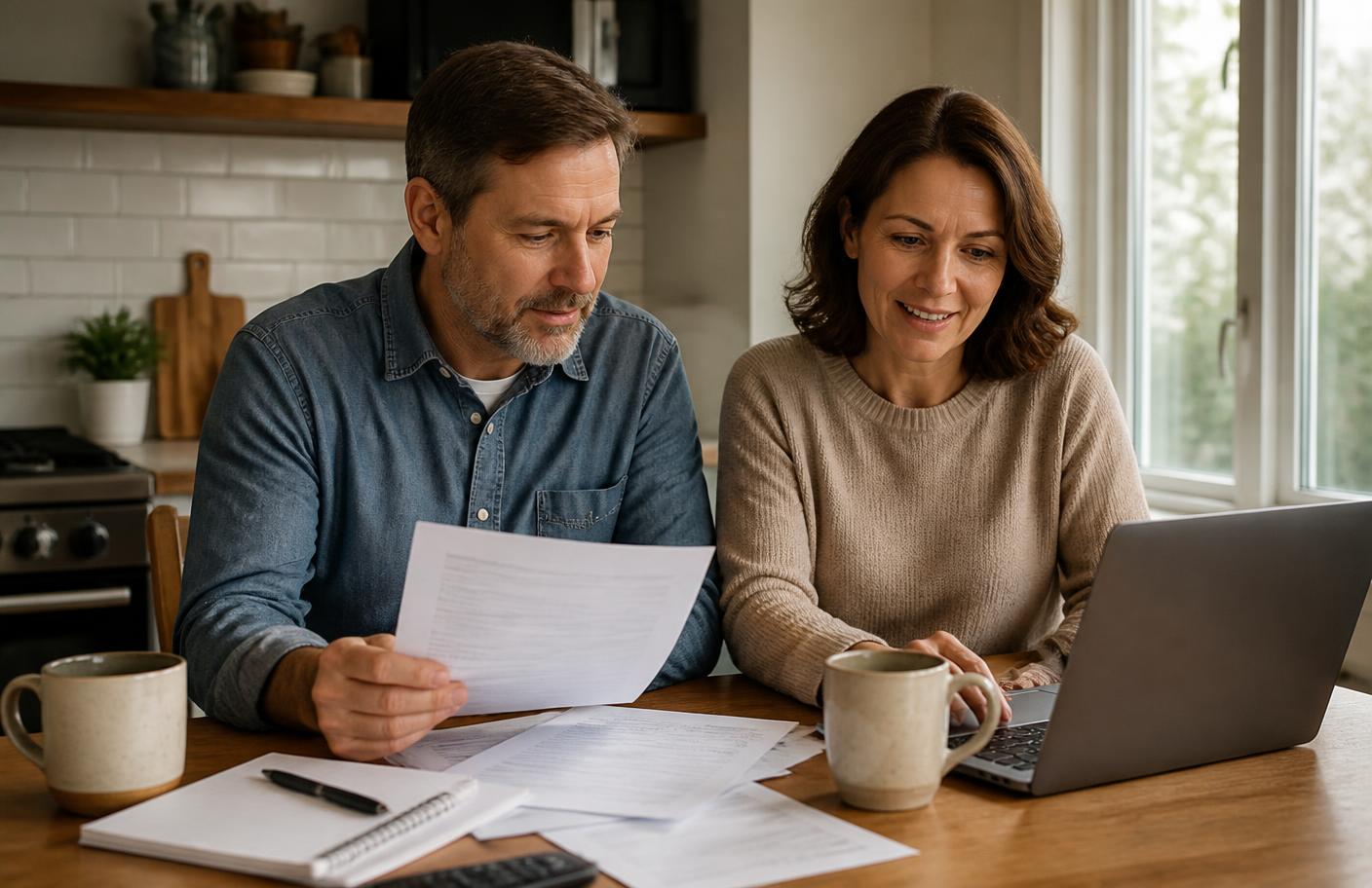 A couple at their kitchen table reviewing paperwork and a laptop together in morning light