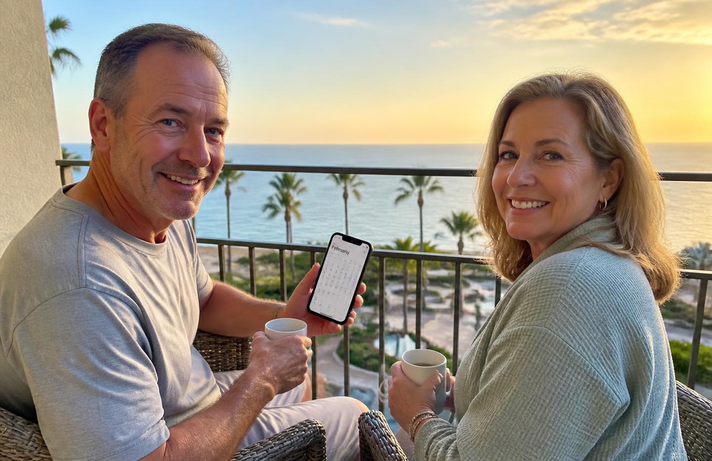 A couple on a resort balcony at sunrise with coffee, checking a calendar on a phone