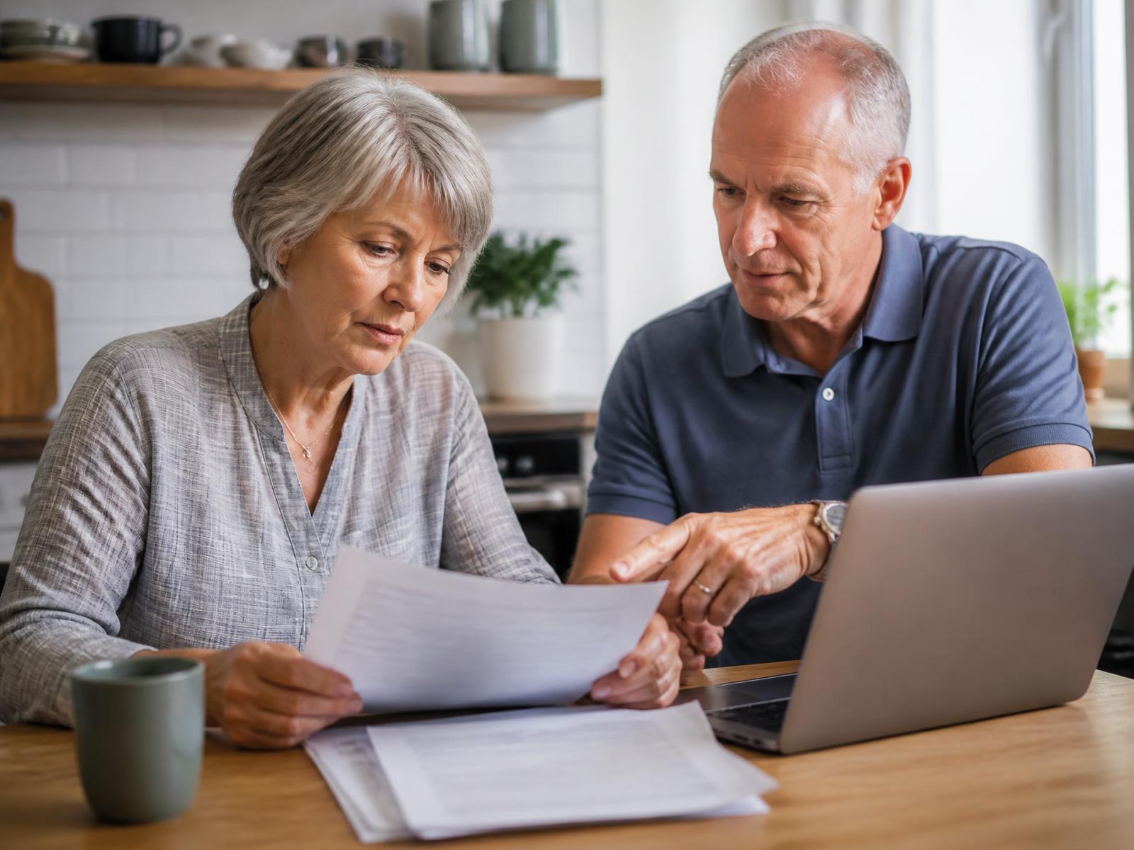 An older couple at a kitchen table reviewing timeshare paperwork together with a laptop