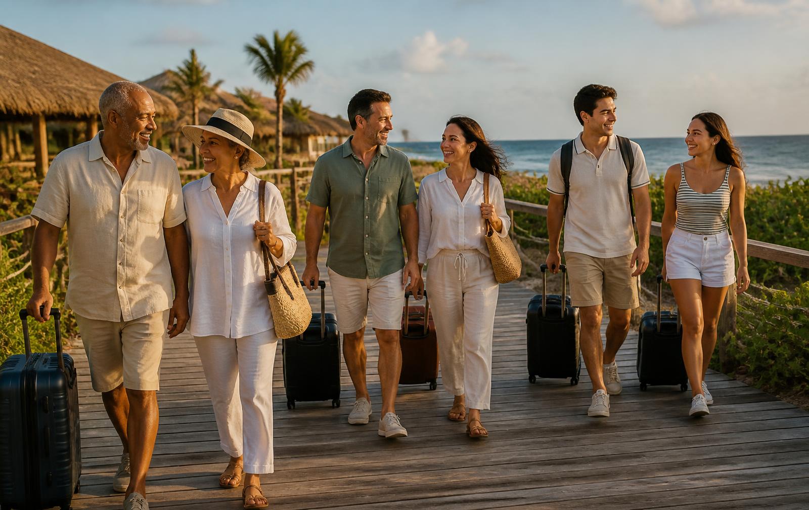A multi-generational group of travelers walking a resort boardwalk toward the ocean with luggage at sunset